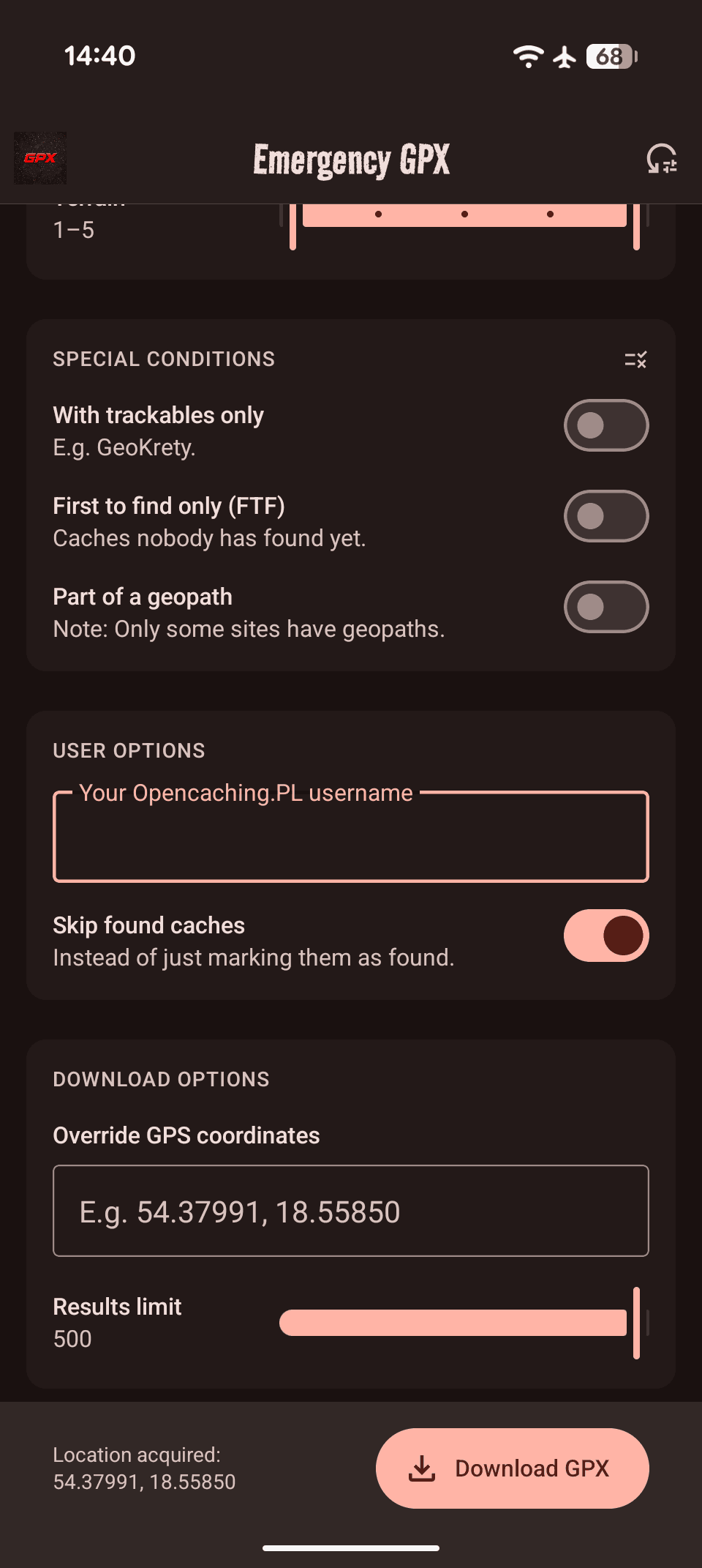 Emergency GPX user options for found-cache handling