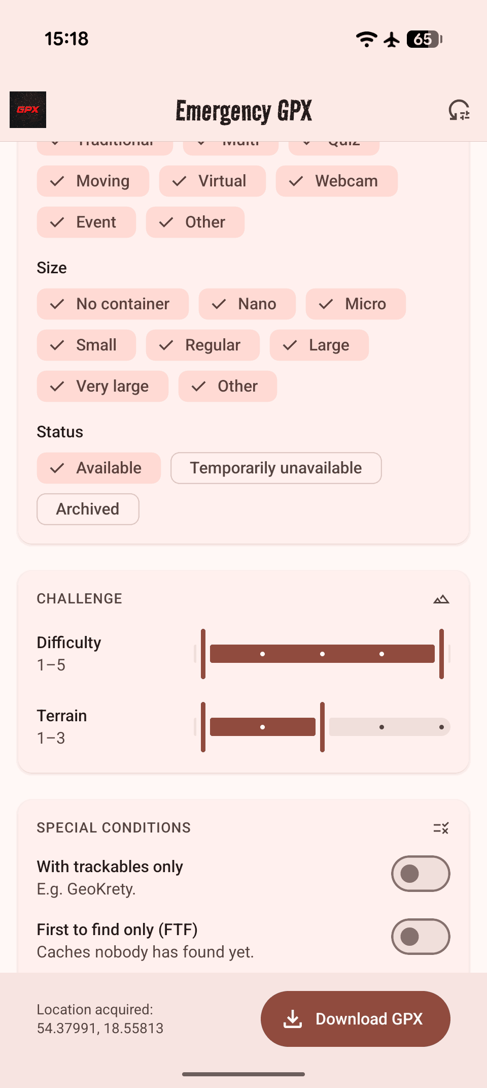 Emergency GPX with various filter options